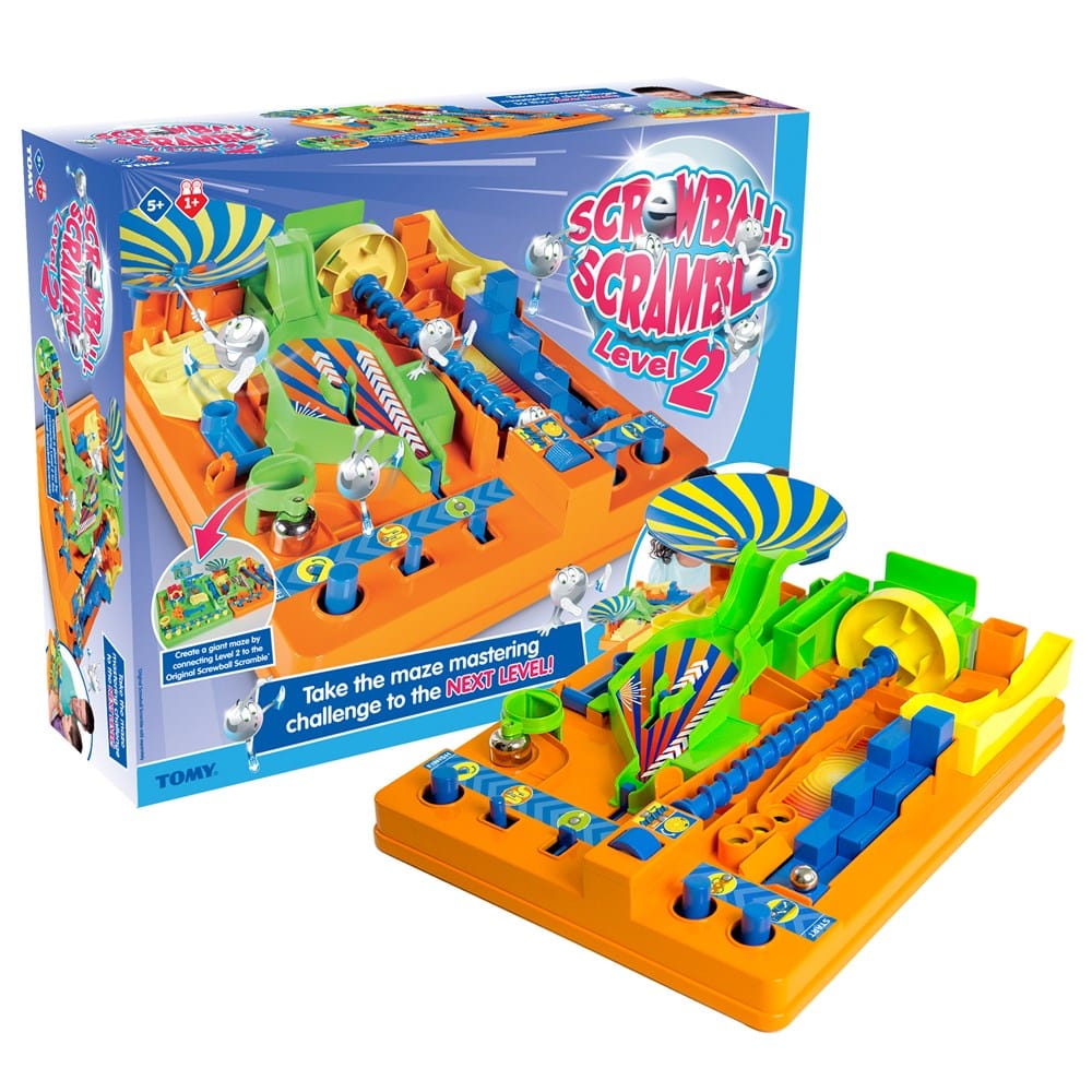 Marble maze playset with orange base, blue tracks, and spiral launcher, in retail box