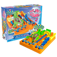 Marble maze playset with orange base, blue tracks, and spiral launcher, in retail box