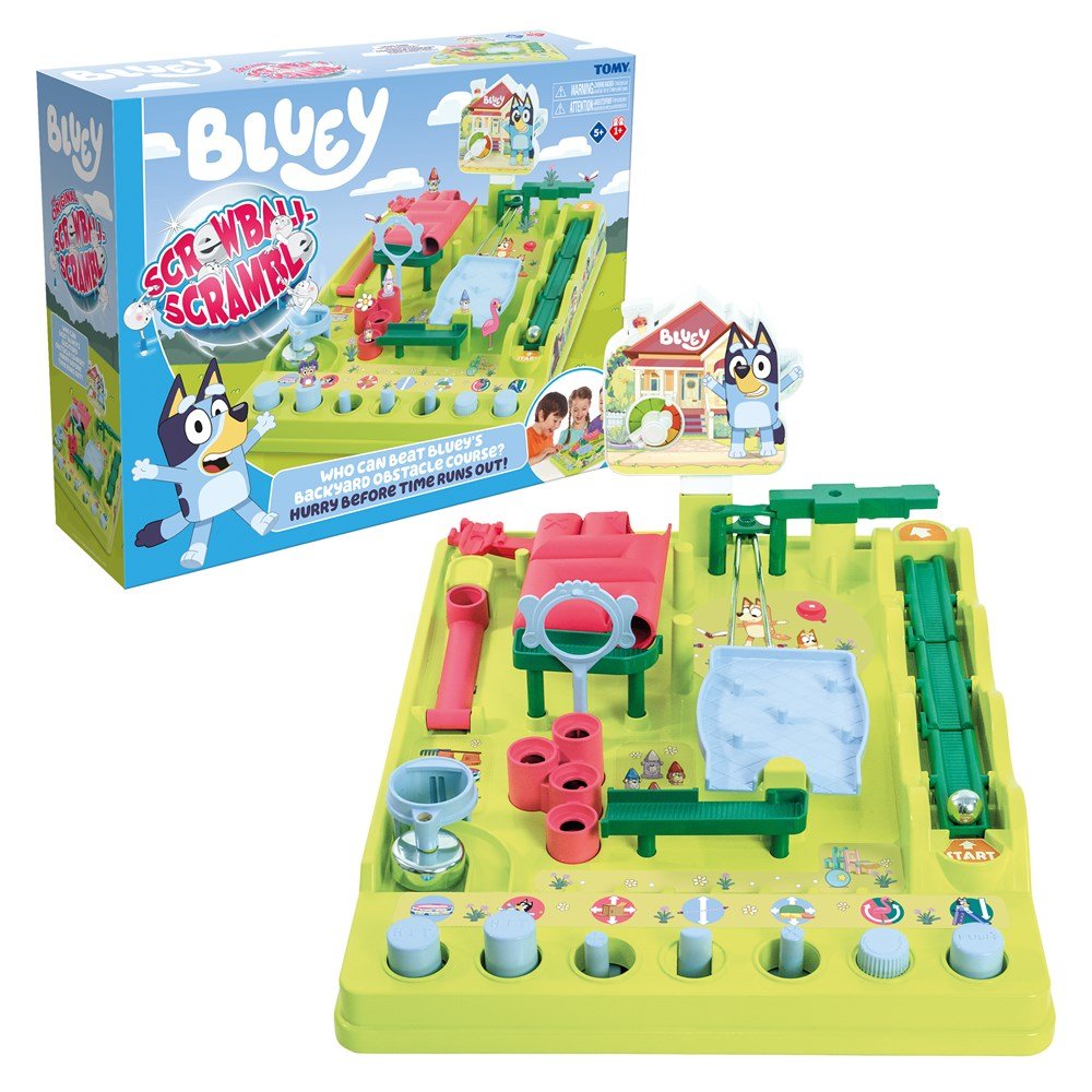 TOMY Bluey Screwball Scramble boxed maze board game with colorful track pieces
