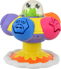 Colorful spinning UFO toy with green alien face, dome top, and multicolor arms