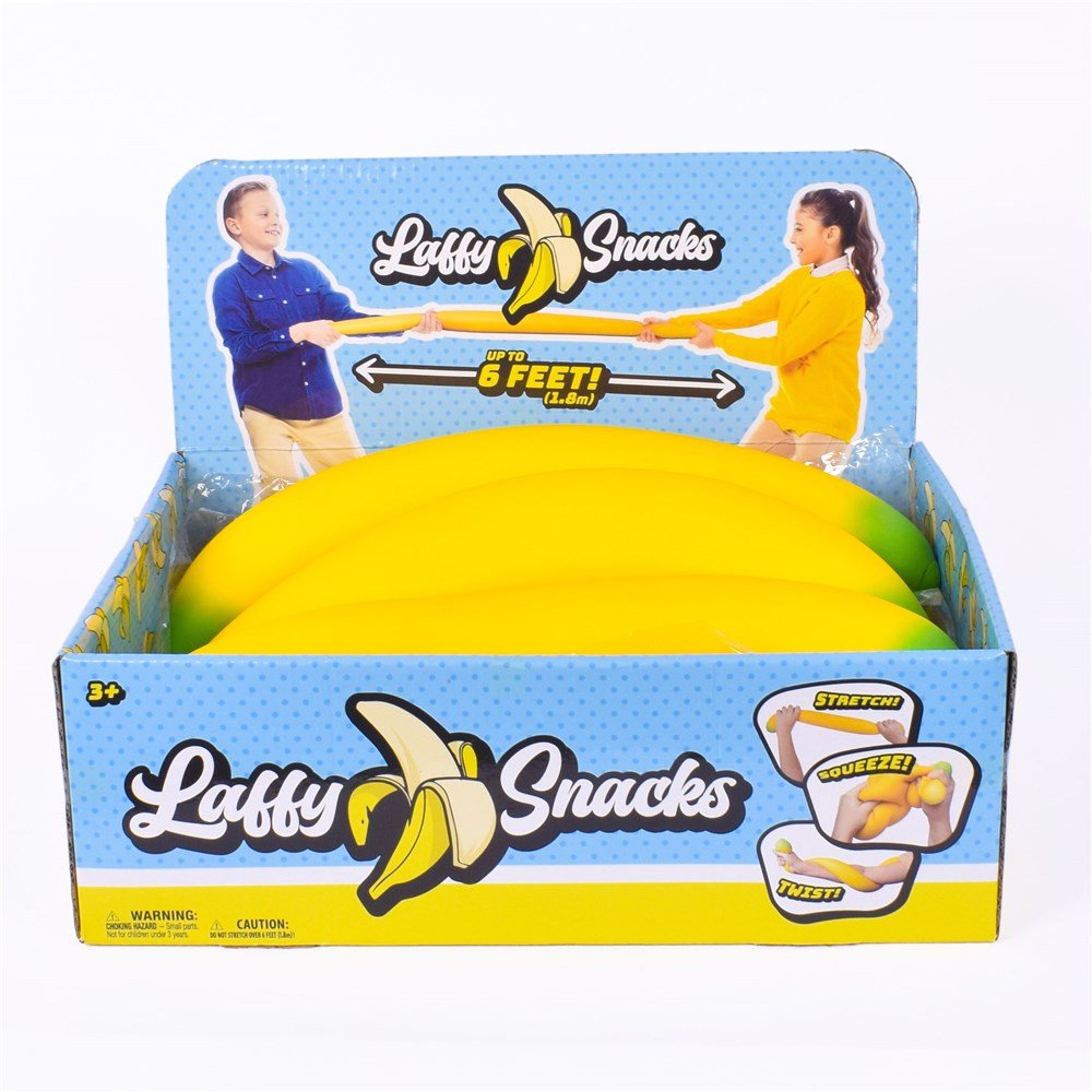 Banana squishy sensory toy retail box with bright yellow banana and green ends