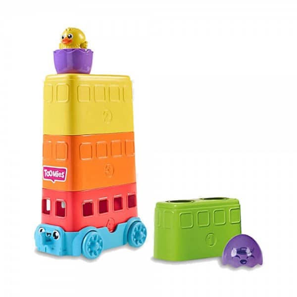 TOMY stacking toy bus with yellow, orange, red, and green sections