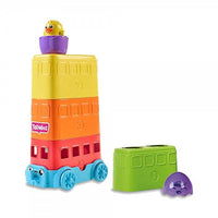 TOMY stacking toy bus with yellow, orange, red, and green sections
