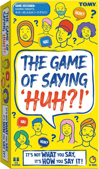 Board game box with cartoon speech bubbles and 'Huh?!' title