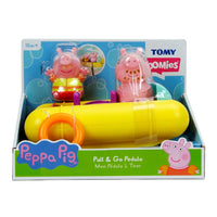 Tomy Peppa Pull & Go pedal boat toy set in retail box with Peppa figures.