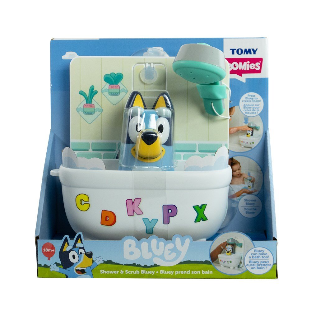 Tomy Toomies Bluey shower and scrub bath toy box with dog figure and white tub.