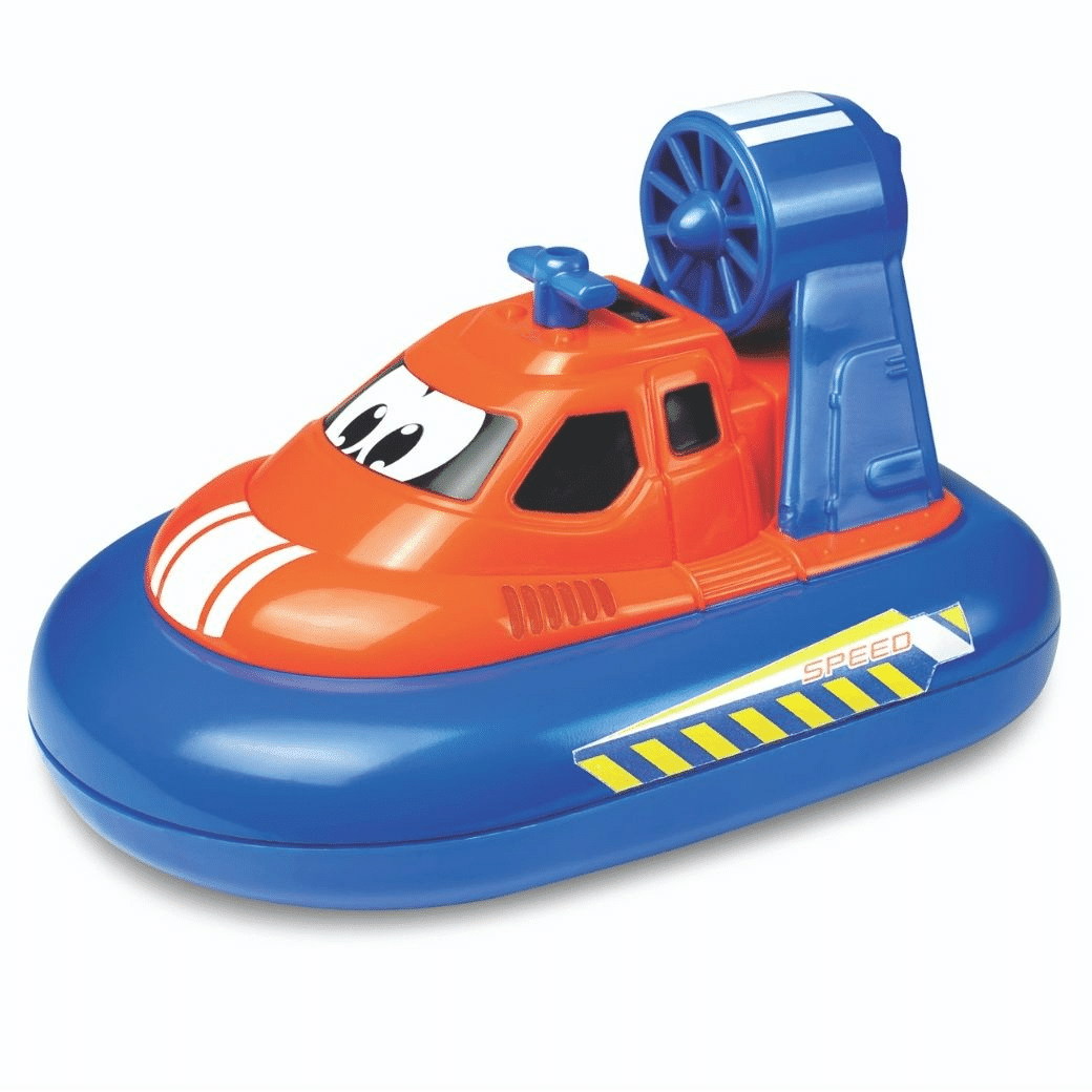 Orange and blue RC hovercraft with spinning rear fan and speed-striped base
