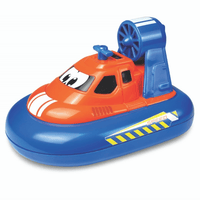 Orange and blue RC hovercraft with spinning rear fan and speed-striped base