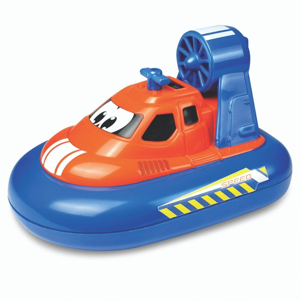 Orange and blue RC hovercraft with spinning rear fan and speed-striped base