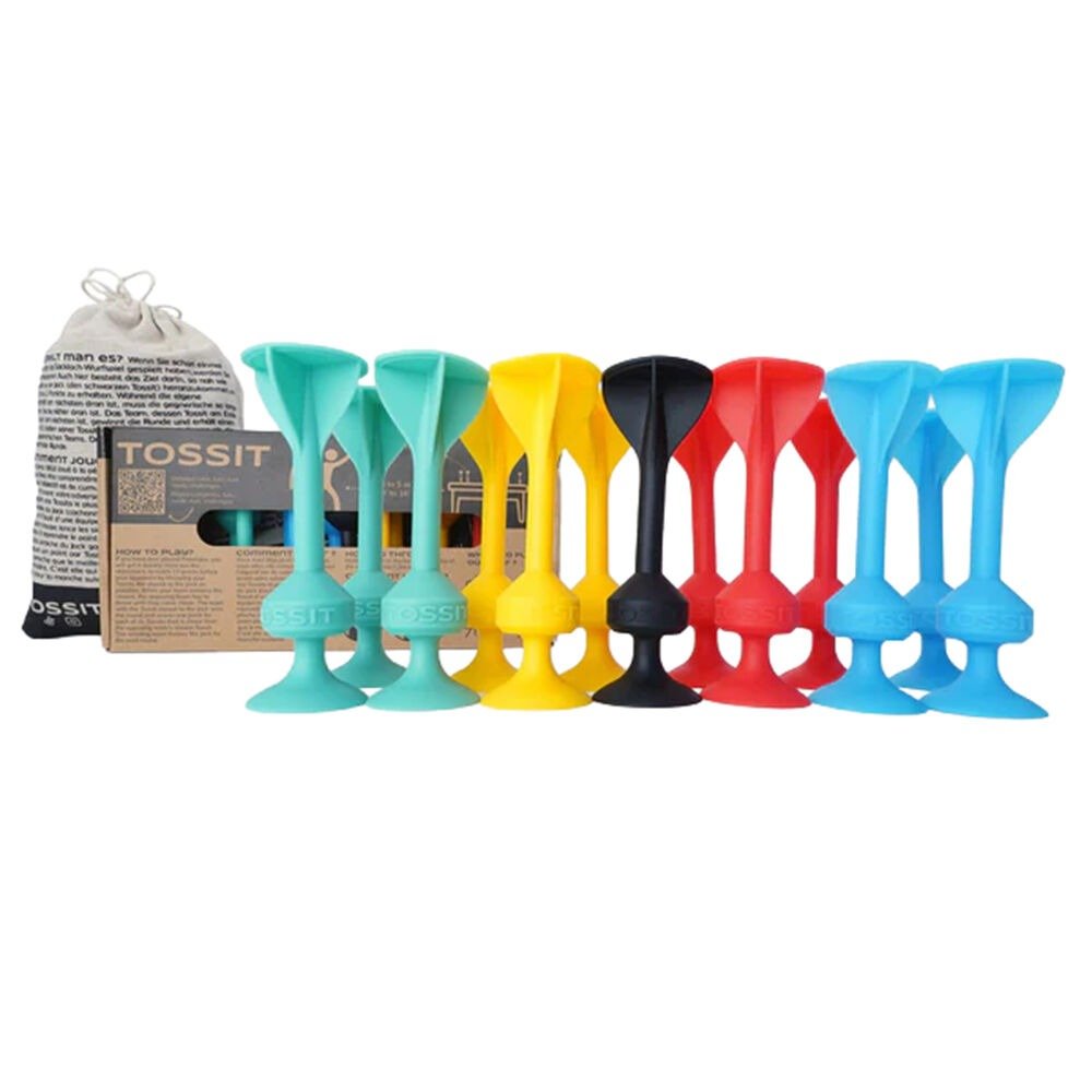 Colorful TOSSIT toss cups and pegs in teal, yellow, black, red, and blue