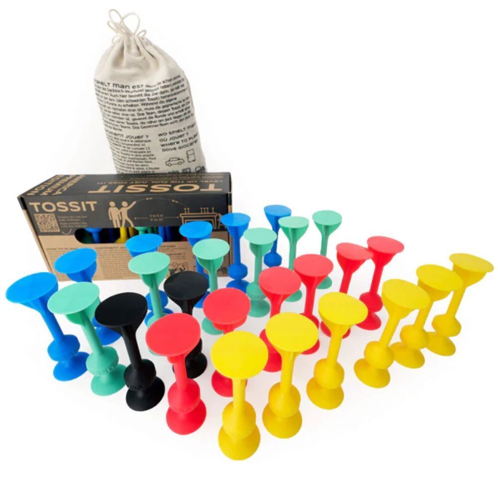 Colorful suction dart game pegs with drawstring bag and product box, 26-piece set