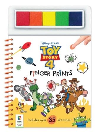 Children's activity book with Toy Story 4 cover art and fingerprint activity title