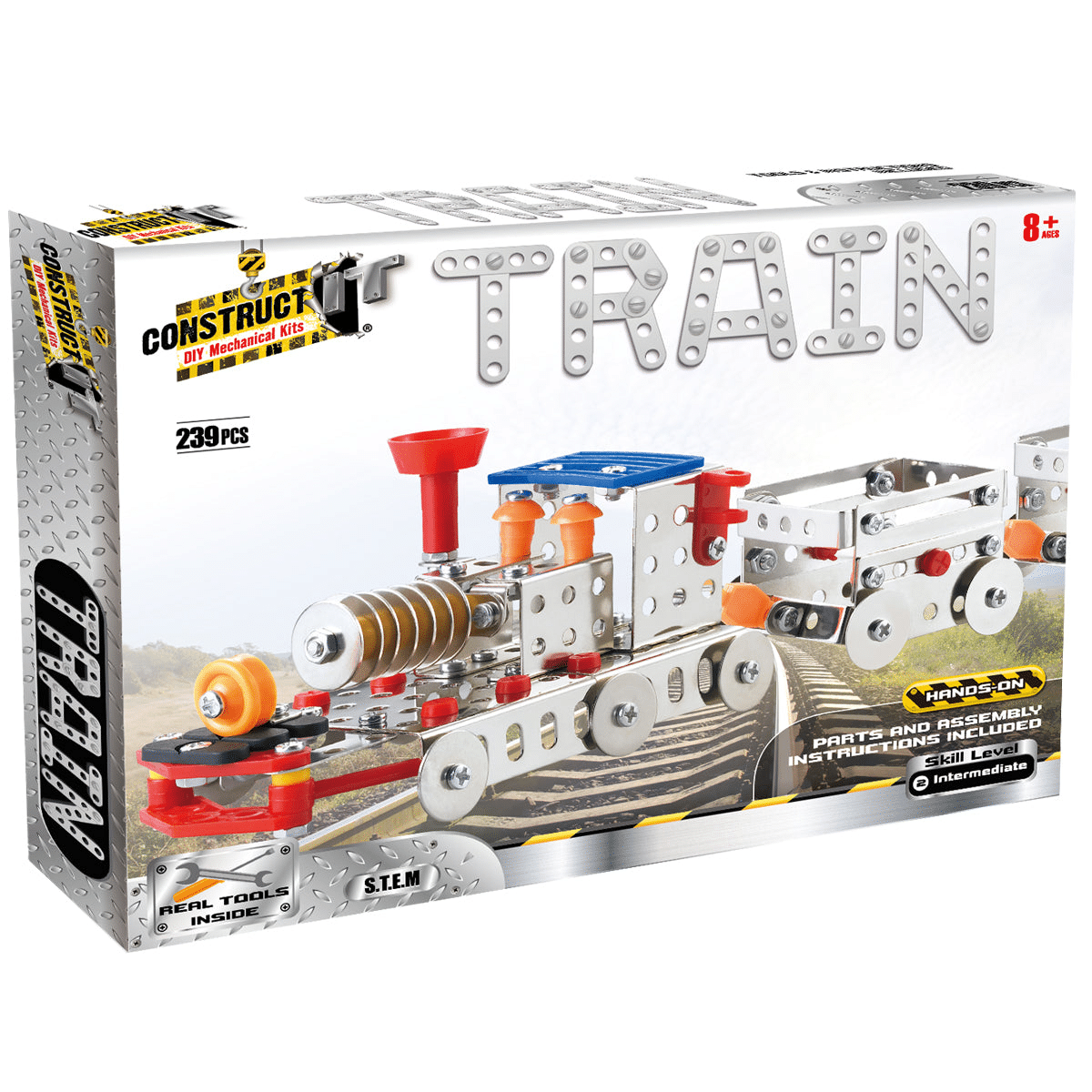 DIY metal train construction kit with tools, 239 pieces