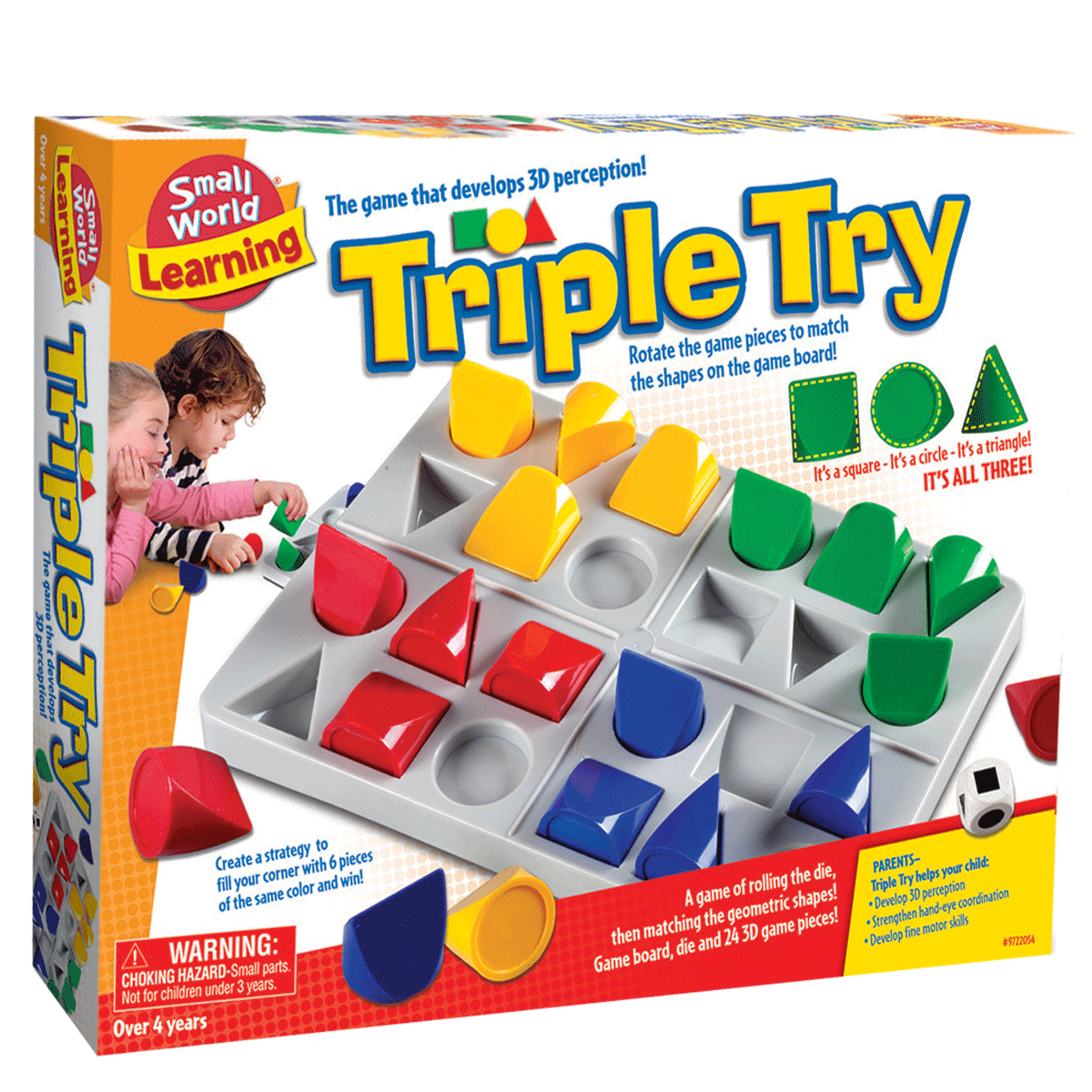 Board game box with 3D shape tiles and rotating tray, “Triple Try” title
