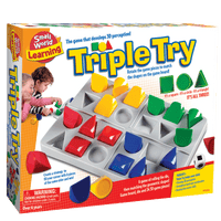Board game box with 3D shape tiles and rotating tray, “Triple Try” title