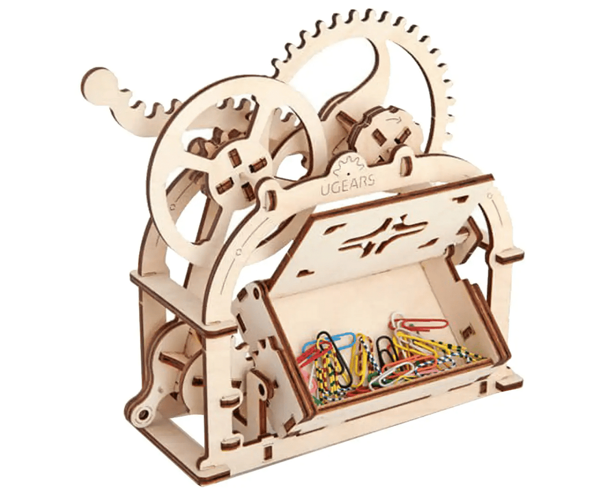 Wood mechanical model kit with gears and open base holding colorful connector pins