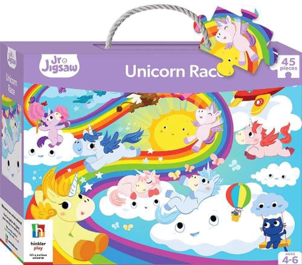 45-piece unicorn race jigsaw puzzle box with rainbow clouds and cartoon animals