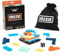 Stacking puzzle game box, black drawstring bag, and multicolor block pieces with blue bases