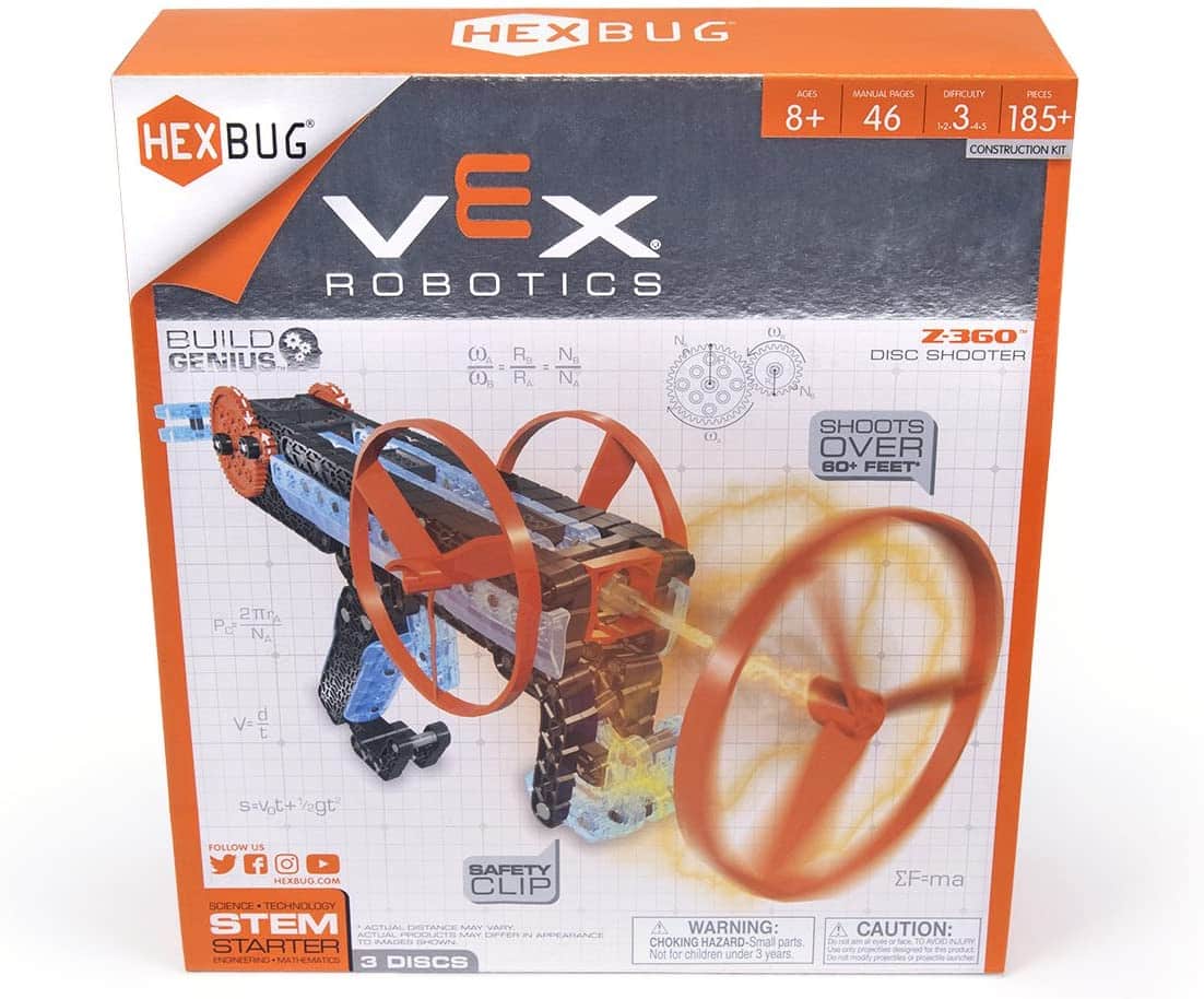 VEX Robotics Disc Shooter retail box with orange wheels and blue robot parts