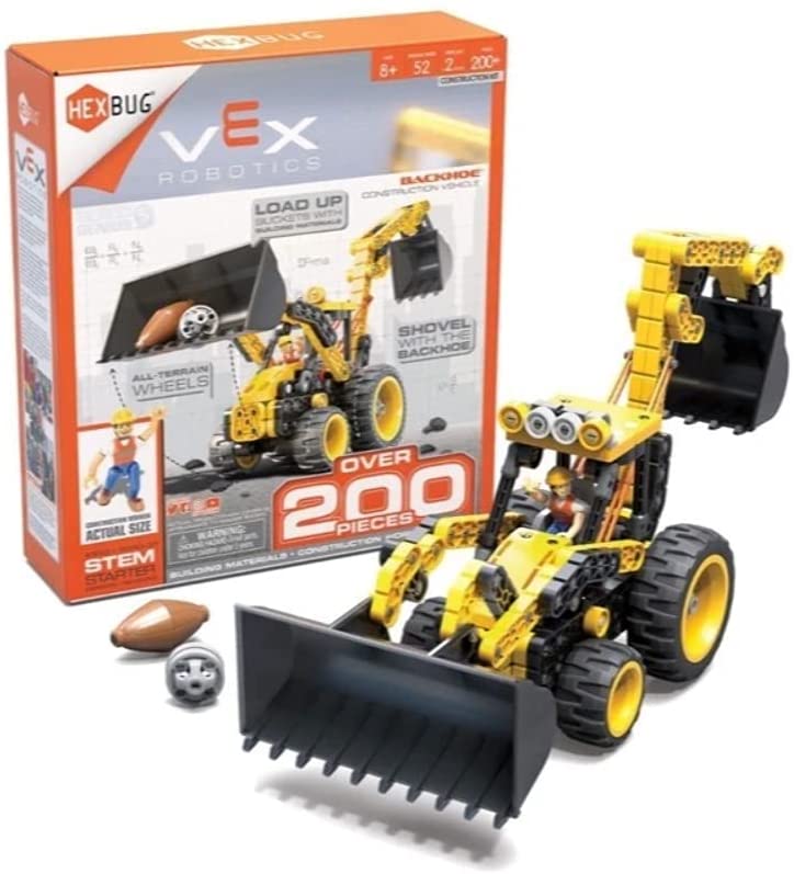 VEX Robotics backhoe construction kit with yellow-and-black wheeled loader and bucket