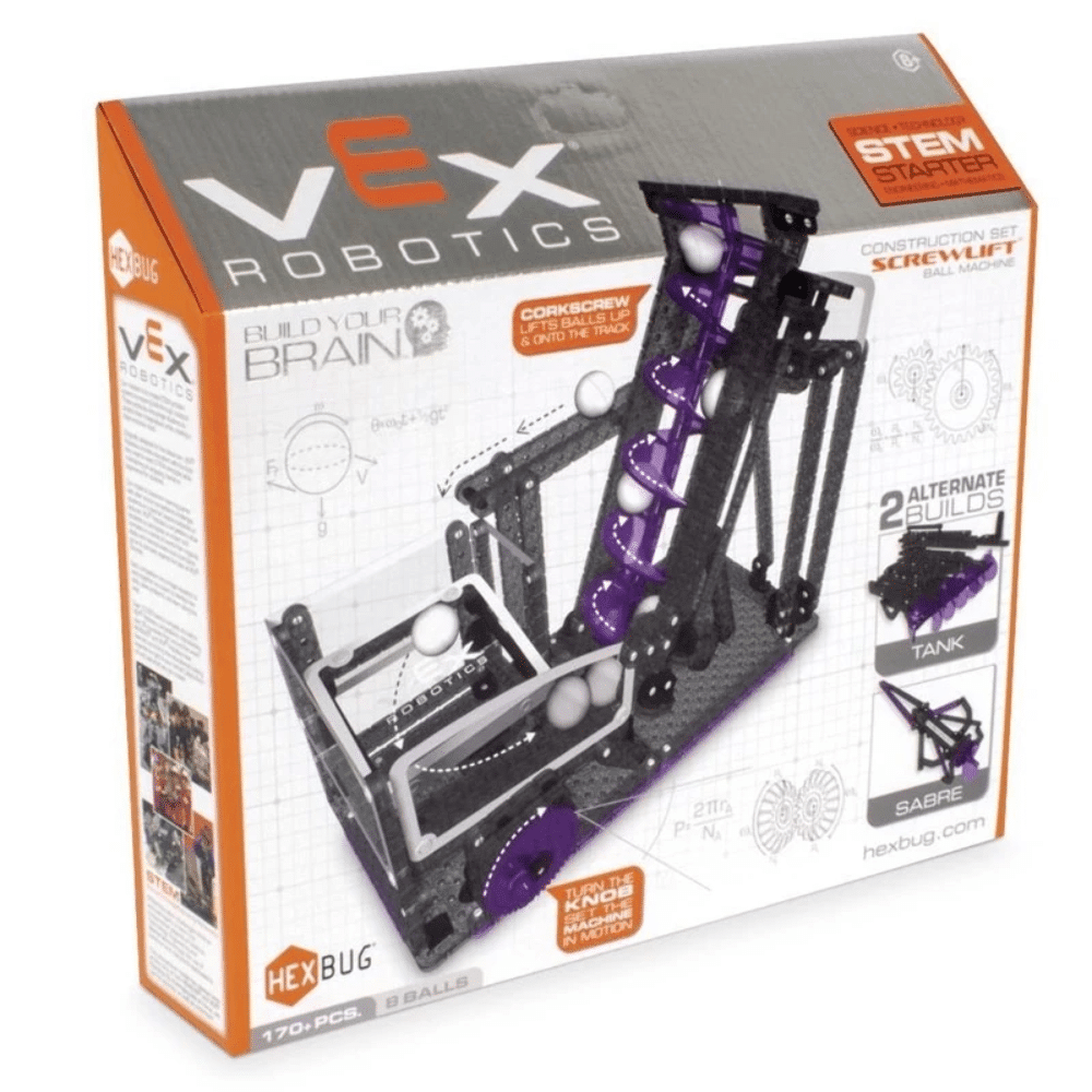Robotics screw-lift construction kit box with purple-and-black built model