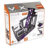 Robotics screw-lift construction kit box with purple-and-black built model