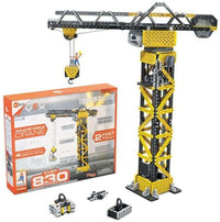 Tower crane construction set with tall yellow-and-black framework and hanging load hook