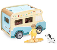 Wooden camper van playset with standing figure and accessories, blue-and-cream design