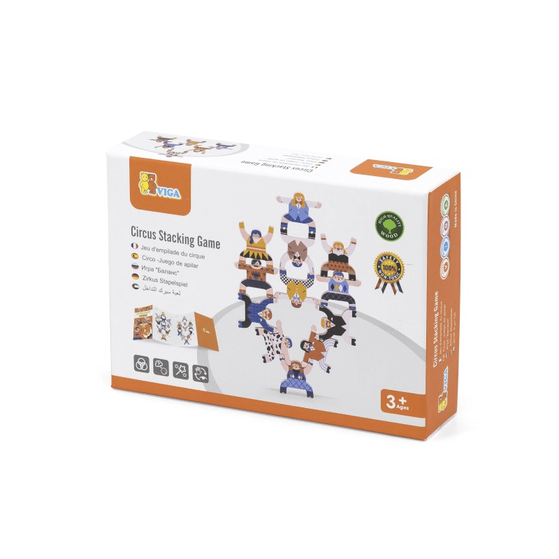 Circus stacking game box with VIGA logo and stacked performer graphic, age 3+