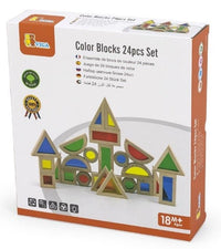 24-piece colorful wooden blocks set with triangles and rectangles, shown in box