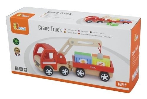 Crane truck toy in box packaging with red and beige crane arm