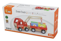 Crane truck toy in box packaging with red and beige crane arm