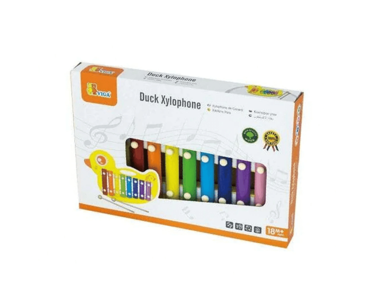Boxed duck xylophone with rainbow bars and two wooden mallets
