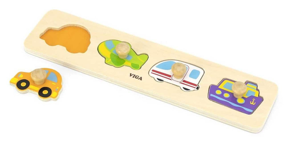 Flat transportation puzzle board with wooden vehicle pieces: car, truck, plane
