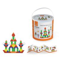 Geometric wooden blocks set in an orange-lidded storage bucket, with sample pieces