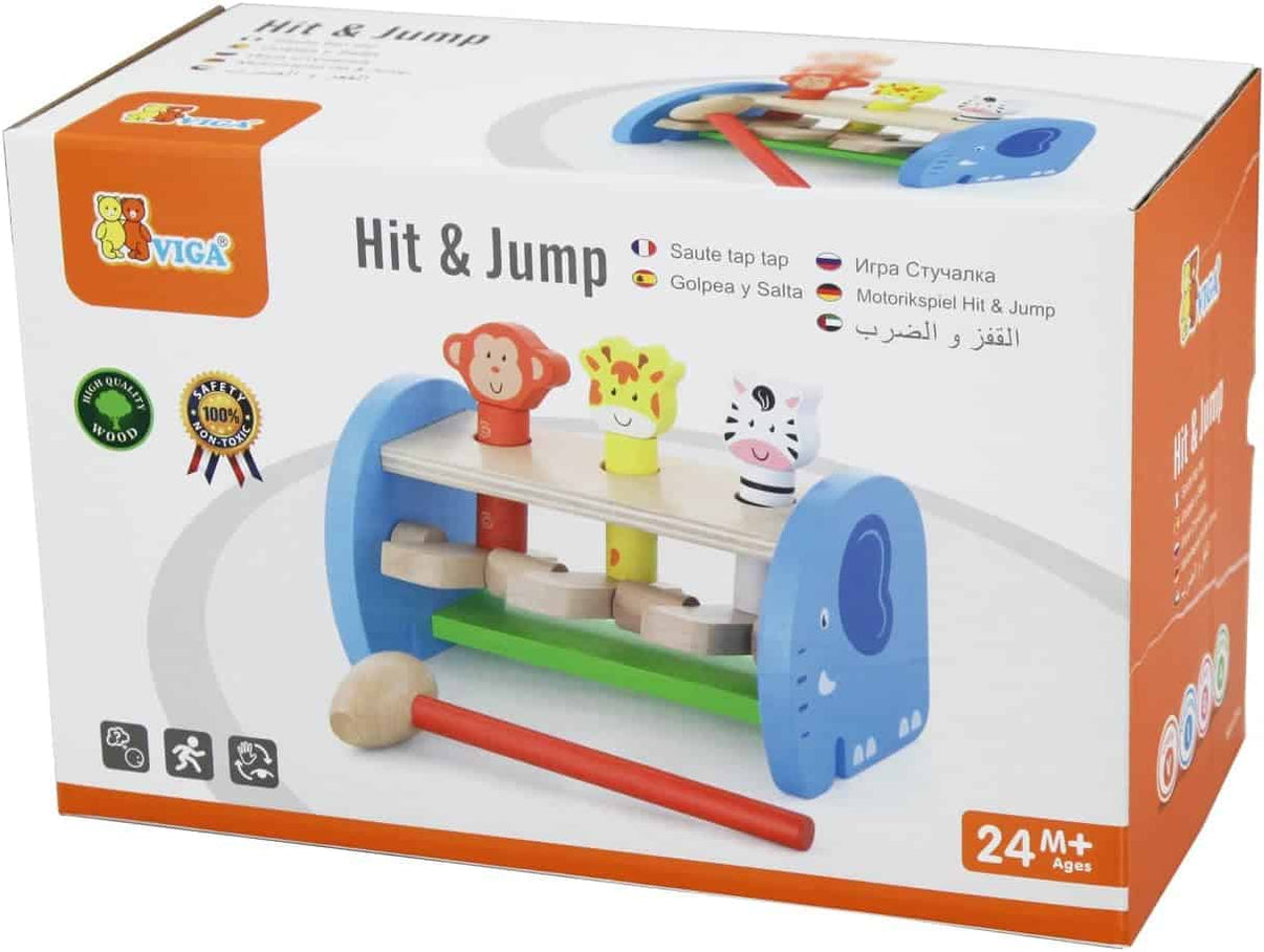 Viga Hit & Jump playset box with blue animal-shaped ramp and wooden pieces