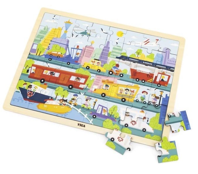 City transportation jigsaw puzzle with colorful vehicles and some pieces partly removed