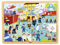48-piece fire fighting jigsaw puzzle featuring firefighters and trucks on board