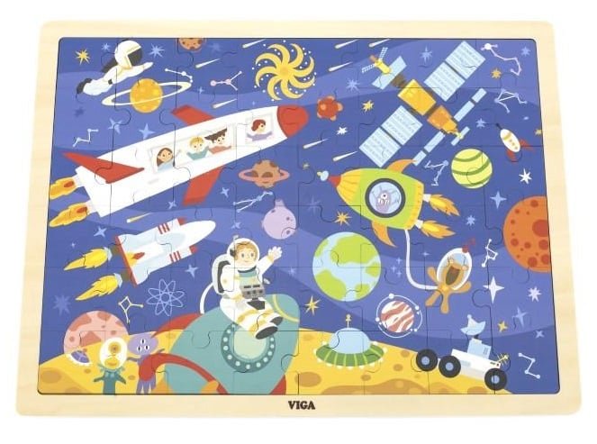 Space jigsaw puzzle board with astronauts, planets, rockets, and satellites