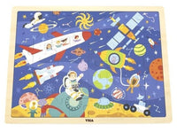 Space jigsaw puzzle board with astronauts, planets, rockets, and satellites