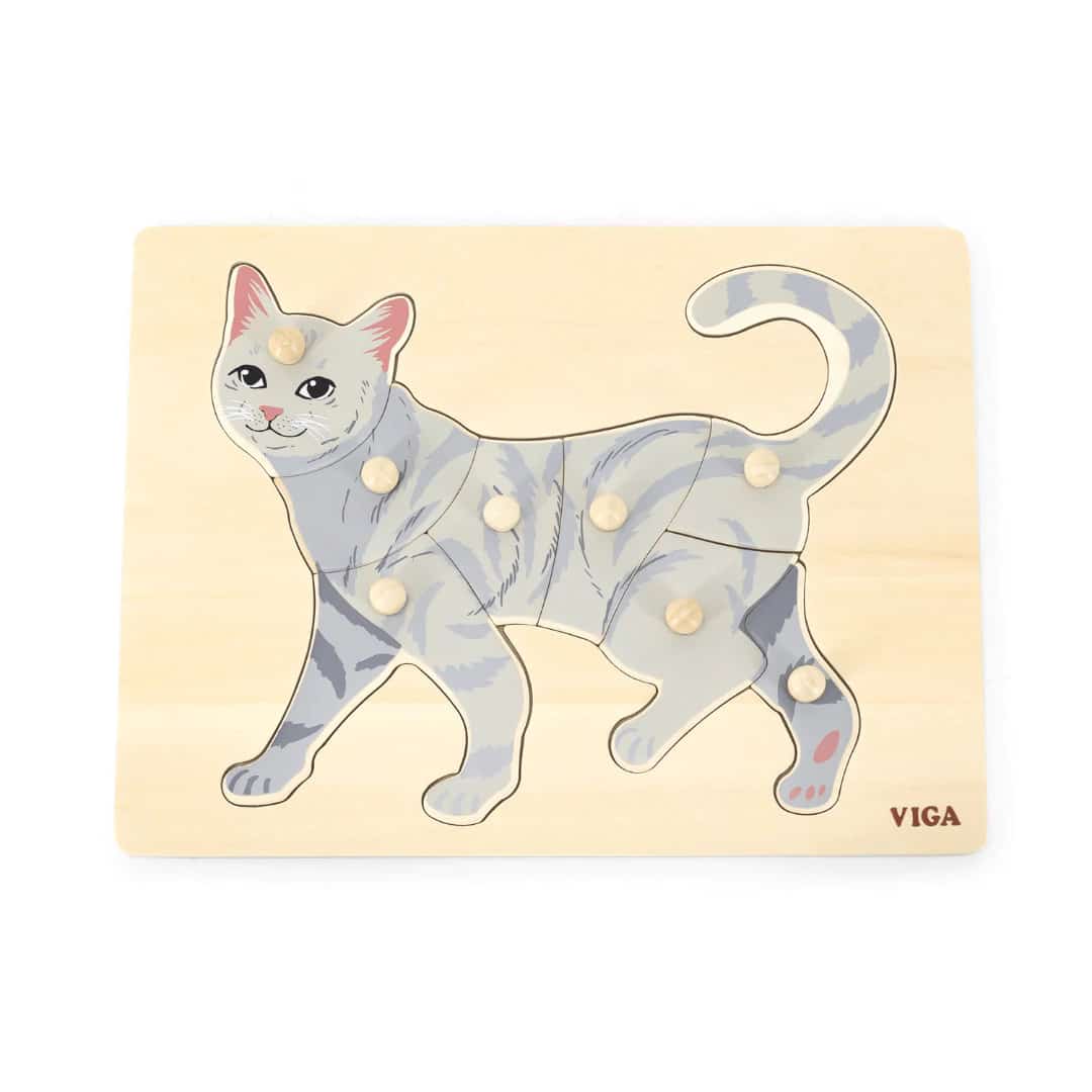 Montessori cat jigsaw puzzle board with shaped cat pieces, illustrated cat