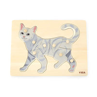 Montessori cat jigsaw puzzle board with shaped cat pieces, illustrated cat