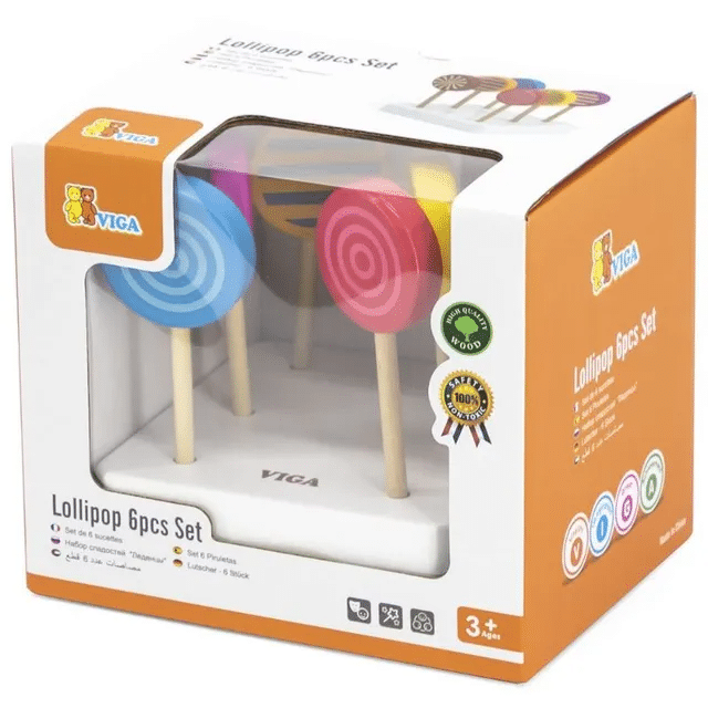 Play lollipop set with six colorful wooden sticks in retail box