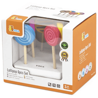Play lollipop set with six colorful wooden sticks in retail box