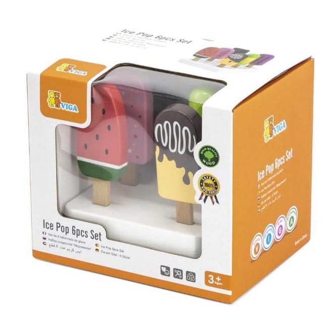 Ice pop play set box showing four colorful wooden pops on a base