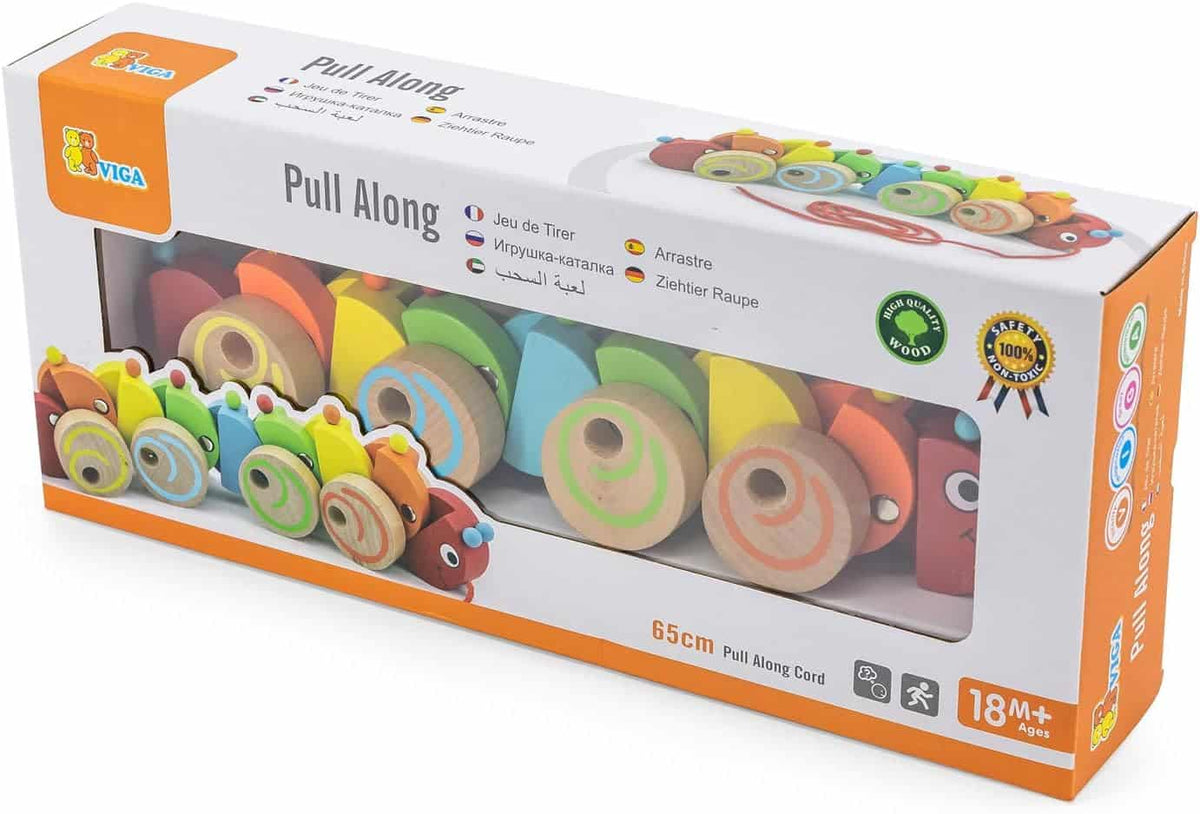 Pull-along caterpillar toy in colorful wheel segments, shown in retail package