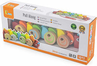 Pull-along caterpillar toy in colorful wheel segments, shown in retail package