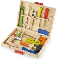 Wooden tool box with colorful toy tools in open compartment layout
