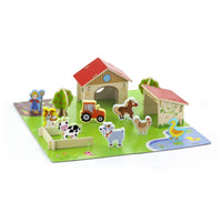 Wooden farm play set with house, barn, tractor, animals, and play mat