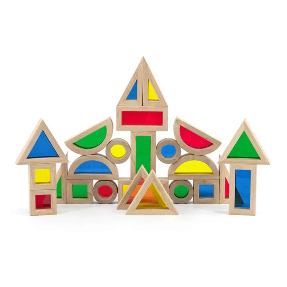 Colorful transparent building blocks set with house, triangle, and circular pieces